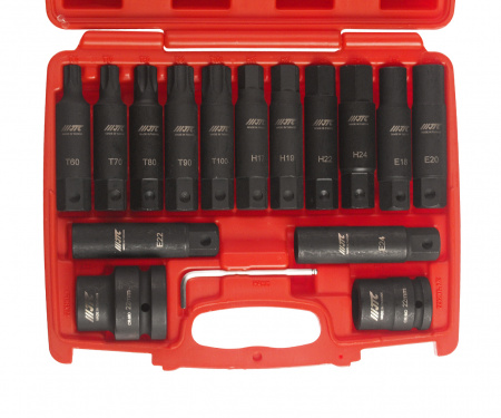JTC Набор бит 3/4" SPLINE Е18-24, TORX Т60-100, HEX Н17-24 ударных с держат. 3/4", 1" 107мм 16 пр. 
