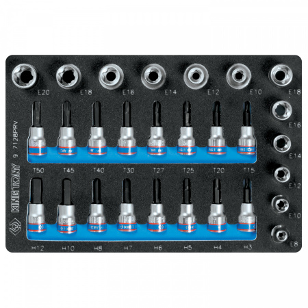 KING TONY Набор торцевых насадок и головок 1/2"&3/8", TORX, HEX, Е6-Е20, ложемент, 28 предметов