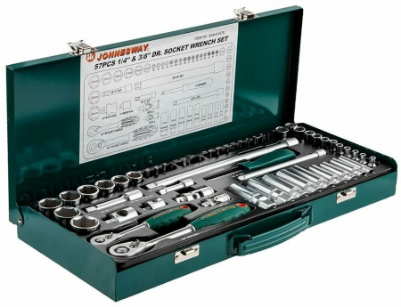 JONNESWAY Набор головок торцевых стандартных и глубоких 1/4" и 3/8"DR, 4-24 мм, 57 предметов